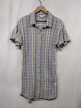 Umgee Blue & Cream Striped Button-Front Shirt Dress Women's S Boho Retro Beach